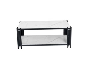 Table basse avec 2 étagères et plateau imitation marbre, en mdf et métal, blanc et noir, 114 × 64 × 46 cm
