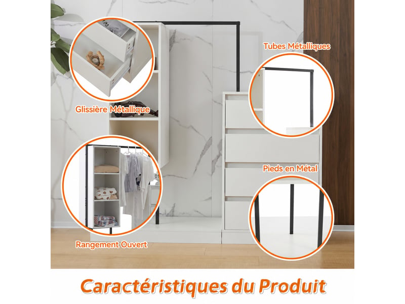  Armoire de rangement 140 x 40 x 135 cm avec 4 tiroirs, 3 étagères ouvertes et penderie, blanc  - Conforama E