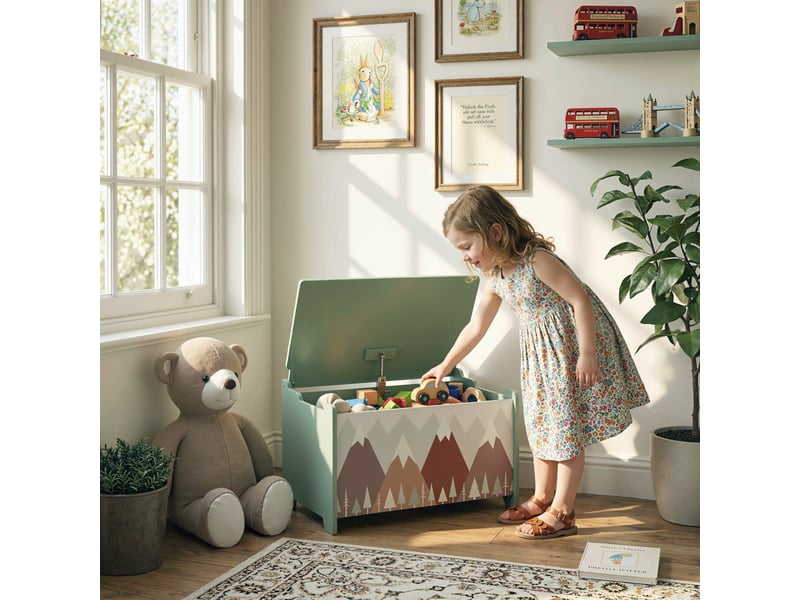  Coffre à jouet enfant coffre de rangement enfant couvercle rabattable motif de forêt coins arrondis vert 60 x 37 x 39 cm  - Conforama D