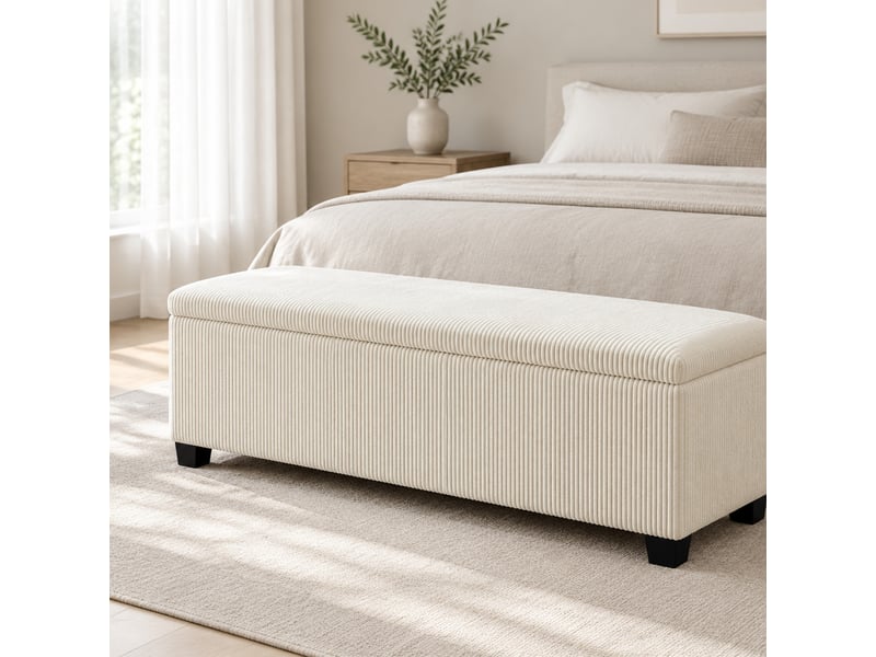  Banc coffre 112x42x40 cm, rangement, assise confortable, tissu effet cordon, meuble chambre et salon, polyester, beige  - Conforama B