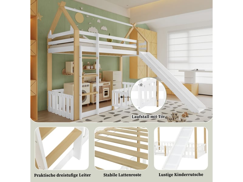  Lit superposé enfant 90x200, sécurité garde-corps lit cabane, toboggan intégré, espace de jeu  - Conforama D
