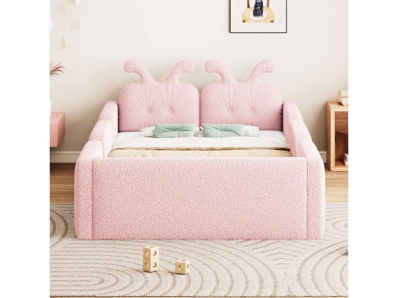 Lit enfant rembourré 90 x 200 cm avec tête de lit oreilles de lapin et barrières de sécurité, rose - Conforama E