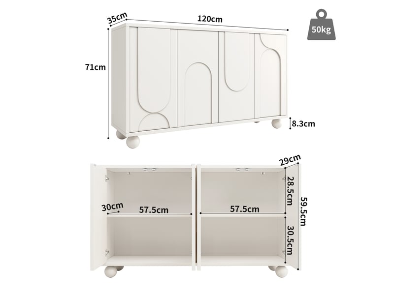  Meuble tv 120x35x71 cm blanc mdf et métal, rangement avec portes, étagère réglable et anti-basculement  - Conforama C