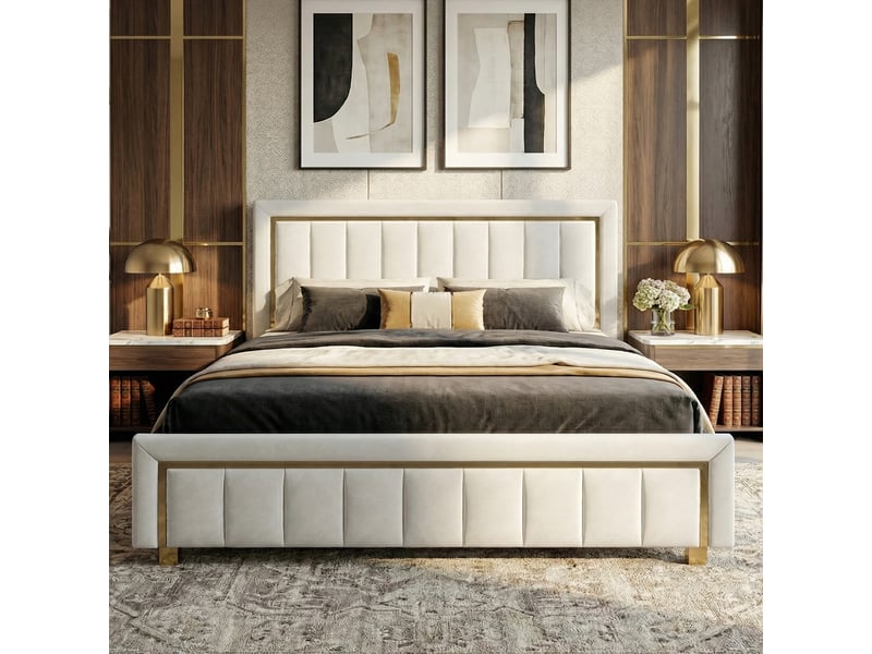  Dreammespace lit coffre 160x200 cm - lit queen size avec grand coffre hydraulique et sommier, velours lignes dorées blanc crème DreamMespace - Conforama C