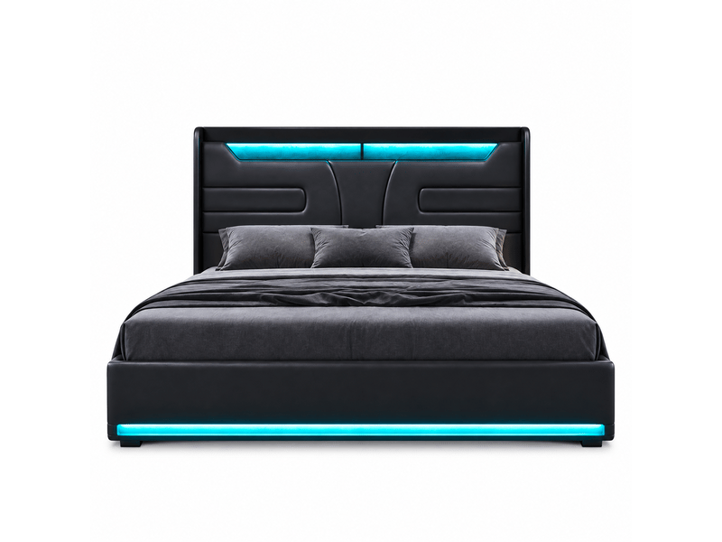  Lit coffre 140x190 avec led, lit 2 places avec rangement et ports usb lit hydraulique avec tête de lit capitonné lit double rembourré avec sommier à lattes lit 2 personnes noir pu, sans matelas  - Conforama A