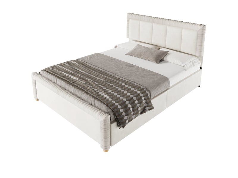  Lit 2 places 140x200 cm – beige – 2 tiroirs modulables, velours français et pieds en bois - sans matelas  - Conforama A