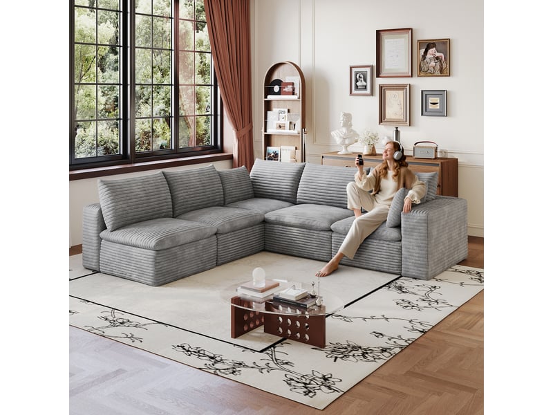 Grand canapé nuage velours côtelé gris foncé, déhoussable sans montage, canapé xxl salon 340cm - Conforama D