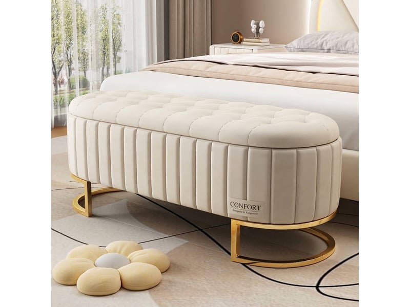  Banc de rangement beige 120 cm en velours avec coffre, bout de lit et pieds en métal  - Conforama B