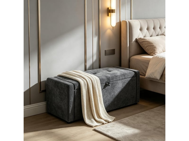  Banc coffre beige en lin, bout de lit avec rangement, repose-pieds rembourré, grande assise  - Conforama E
