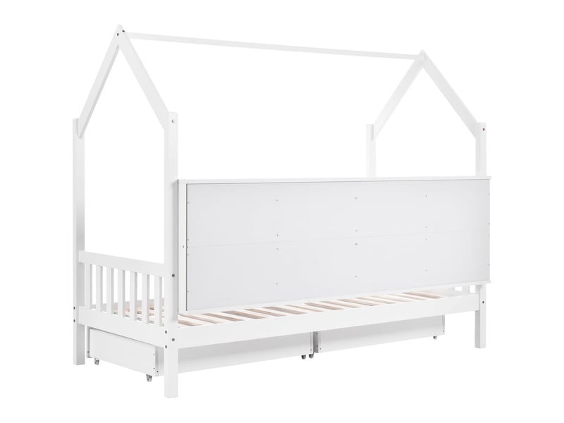  Lit cabane enfant 90 x 200 cm avec 2 tiroirs et bibliothèque intégrée, étagères ouvertes, cheminée décorative, bois, blanc Morn Vibe - Conforama E