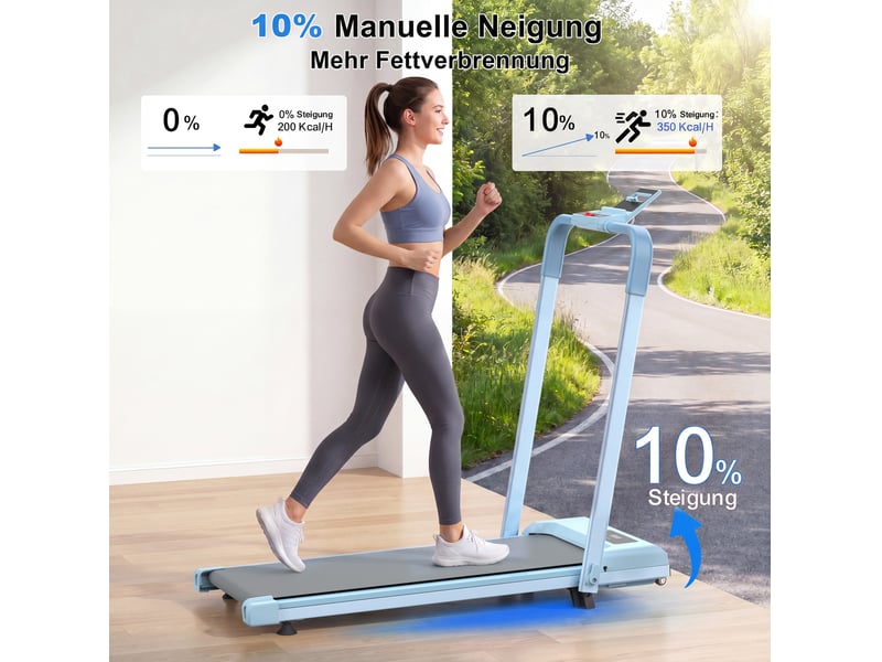  Tapis de course pliable 3 en 1 bleu avec inclinaison réglable à 10 %, vitesse de 1 à 12 kmh  - Conforama D