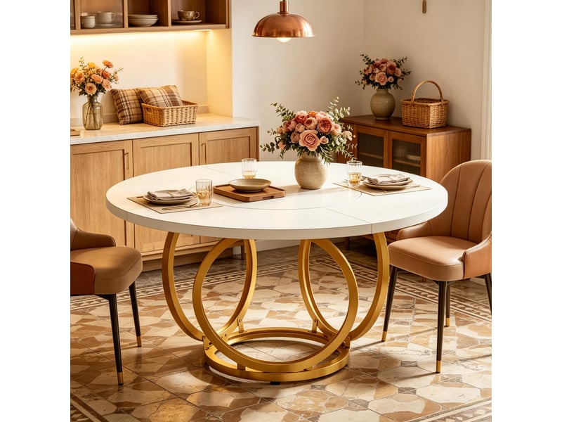 Table de salle à manger pour 4 à 6 personnes avec plateau rond et piètement géométrique en mdf et acier, 120×120 cm - Conforama C