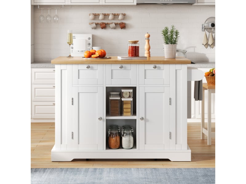 Desserte de cuisine mobile 132x40(70)x87 cm avec plan rabattable blanc et naturel  - Conforama D
