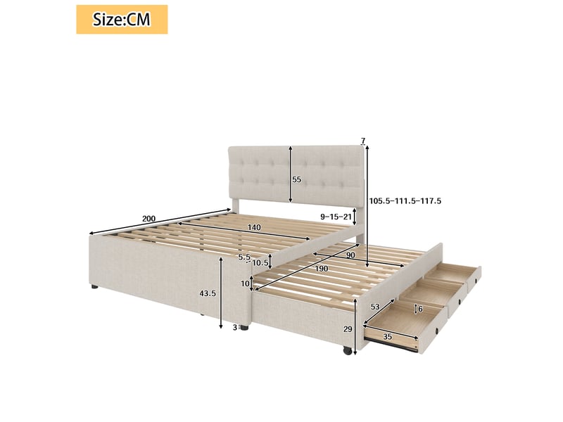 Lit 140x200 cm beige avec tête de lit réglable, 3 tiroirs et lit gigogne  - Conforama C