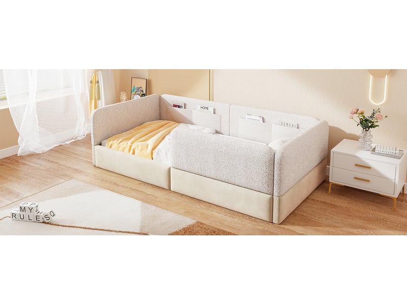  Lit enfant rembourré 90 × 200 cm, barrières et poche de rangement, blanc  - Conforama B