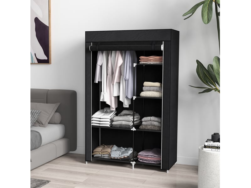  Armoire penderie en tissu noir 103 x 43 x 162,5 cm, 6 étagères et tringle  - Conforama B