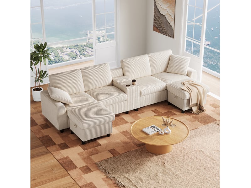  Canapé u 315x135x81 cm, avec 2 poufs de rangement, table basse, ports de charge usb, prises et ports type-c, velours côtelé beige  - Conforama B
