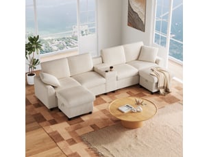 Canapé droit fixe HAVRYA 4 places Velours côtelé beige avec coffre de rangement