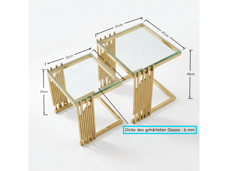  Ensemble de 2 tables d'appoint carrées modernes en verre trempé clair, pieds dorés en inox - salon, chambre, balcon  - Conforama C