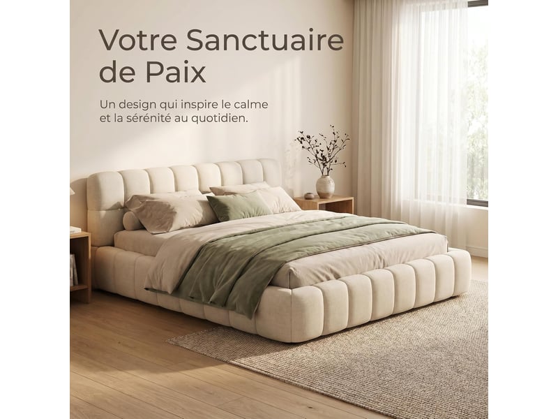  Lit 2 places 140x190 cm tissu lin coloris beige  - Conforama R