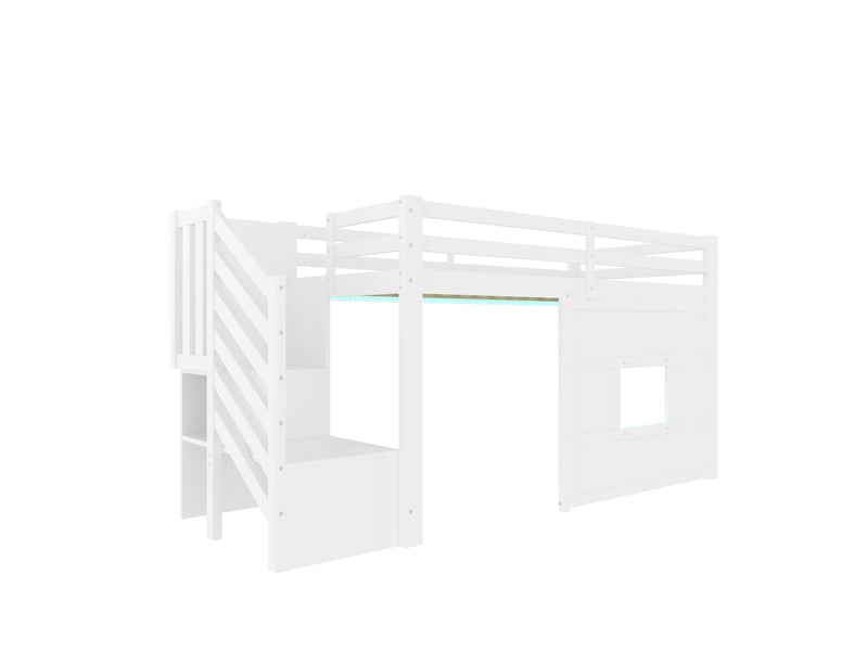 Lit mezzanine 90x200 cm blanc, avec escalier de rangement, fenêtre, led, garde-corps, sommier inclus, sans matelas - Conforama D