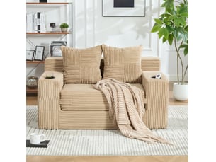 Canapé-lit 2 places 151x133x64 cm kaki en velours côtelé, assise extensible et poches latérales