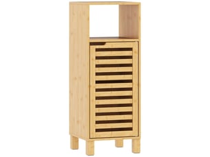 Colonne de salle de bain en bambou, coloris bois naturel, compartiment ouvert, 2 portes à lamelles, étagère réglable sur 3 positions, résistante à l’humidité, kit anti-basculement inclus, patins antidérapants, charge maximale de 12 kg, montage requis