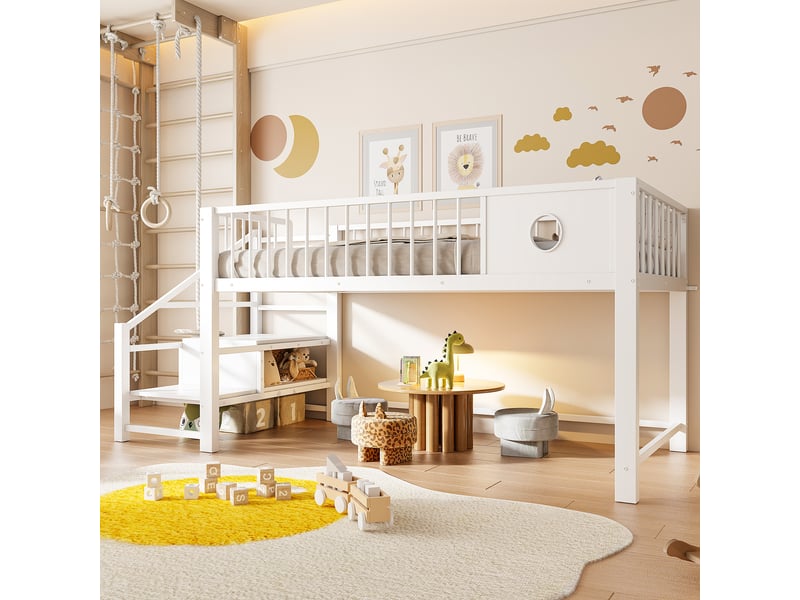 Lit mezzanine bas 90 x 200 cm, avec échelle de rangement, cadre métallique stable, pour enfants et adolescents, blanc - Conforama C