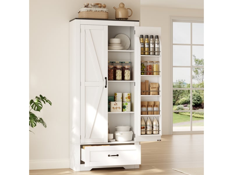 Buffet cuisine 2 portes et 1 tiroir, 80 x 35 x 183 cm, étagères réglables, rangements de porte et anti-basculement, mdf, blanc Morn Vibe - Conforama B