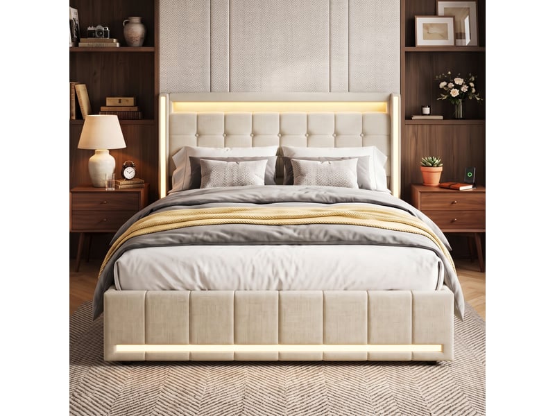 Dreammespace lit double adulte 140x200 cm avec 4 tiroirs et prises usb type-c cadre led multicolore sommier à lattes tissu lin beige DreamMespace - Conforama B