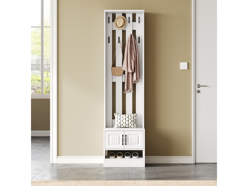  Banc à chaussures, meuble à chaussures, meuble de couloir, avec 2 portes, avec paroi arrière avec 8 crochets, blanc, l50p36h190cm (l×p×h) N657P326565W - Conforama B