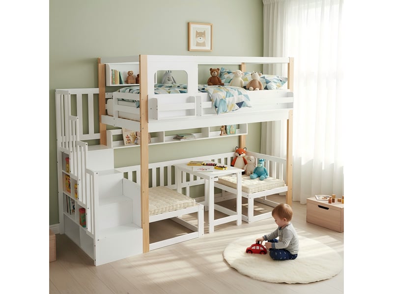  Lit superposé enfant 90 x 200 cm avec table réglable en hauteur, bibliothèque intégrée, escalier de rangement, pin, blanc et effet bois naturel  - Conforama B