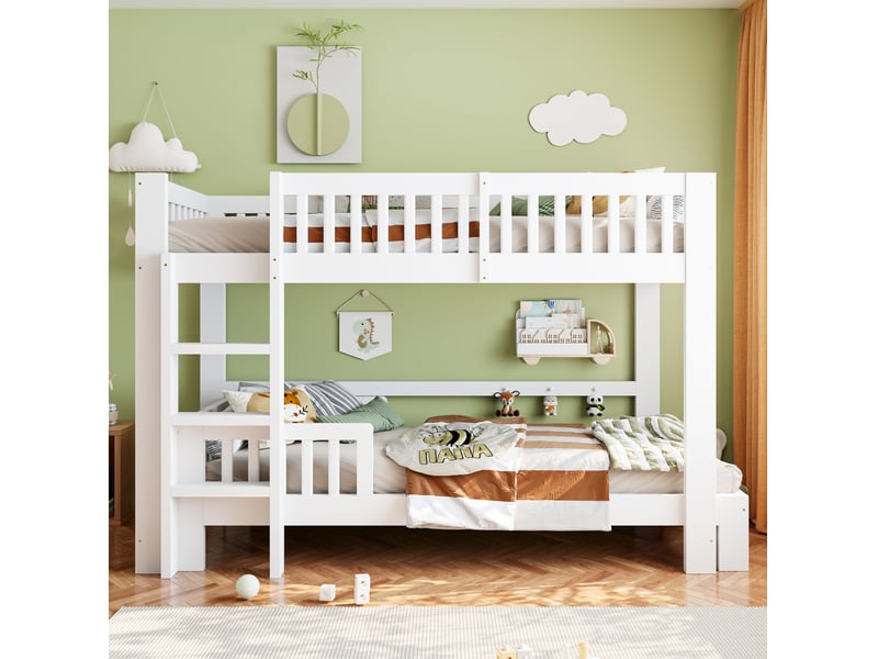  Lit superposé enfant 90 × 200 cm modulable avec lit simple, garde-corps, bords arrondis et sommier à lattes blanc  - Conforama B