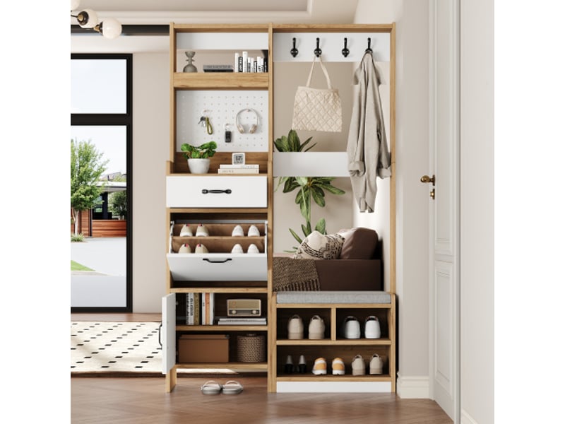 Armoire d'entrée moderne avec banc et rangement – crochets, tiroir, espace ouvert | chêneblanc 108,5×35×180 cm - Conforama B