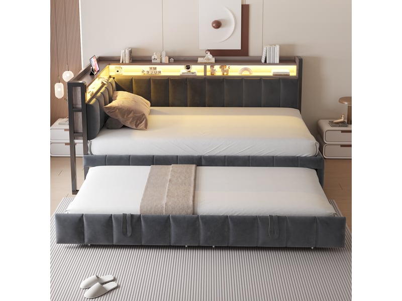  Canapé-lit convertible 90x200 cm avec lit gigogne escamotable, led et ports usb-c, rangements, velours gris foncé, sans matelas  - Conforama R