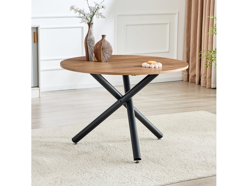  Table de salle à manger ronde avec 3 pieds croisés, style industriel en mdf noyer et métal noir 110 × 76,5 cm  - Conforama D