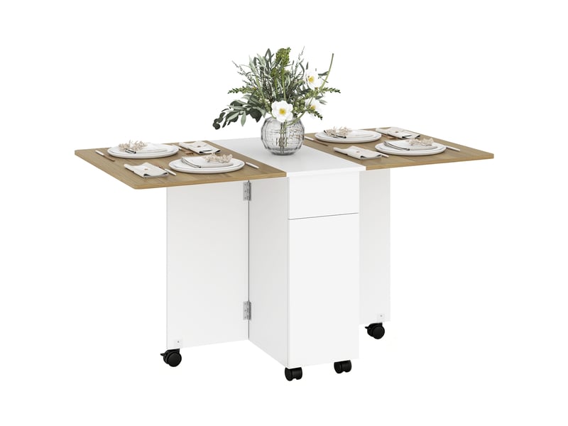  Table à manger pliable pour 6 personnes, table de cuisine sur roulettes avec 2 tiroirs 2 placards, 140x76x74cm, blanc  - Conforama A