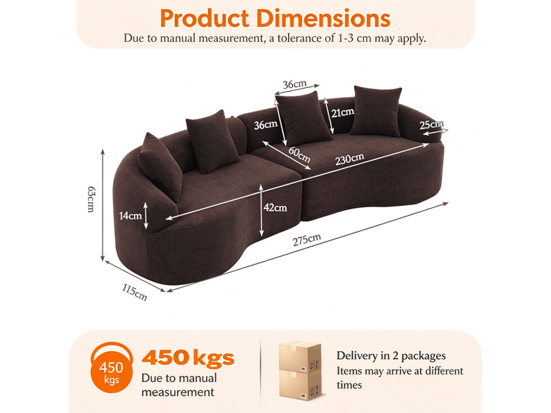Canapé 4 places en chenille, brun, forme incurvée, configuration modulaire, livré en carton, sans montage - Conforama C