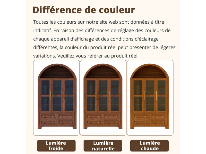  Buffet avec sommet arqué, 3 portes vitrées et 4 tiroirs, étagères réglables, poignées métalliques, 110x40x185cm  - Conforama E