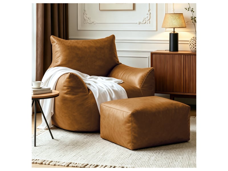 Fauteuil pouf avec repose-pieds, fauteuil de détente ergonomique avec mousse à mémoire de forme, base antidérapante, sans montage, similicuir, marron Seren Glow - Conforama B