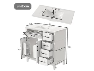 Meuble vasque sur pied blanc, 90 x 46 x 87 cm, en mdf et céramique, avec pieds en bois massif et vasque intégrée