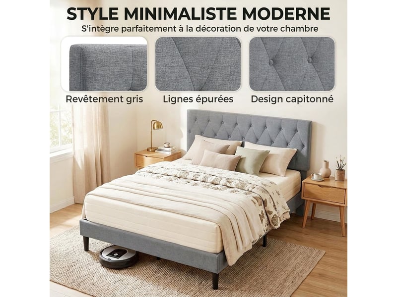  Cadre de lit 140 x 190 cm avec sommier, lit double rembourré en lin, support à 10 lattes, tête capitonnée, gris  - Conforama E