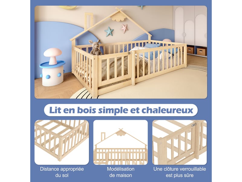 Lit enfant 90x190 cm, forme de maison, garde-corps, sommier, pin naturel, sans matelas - Conforama D