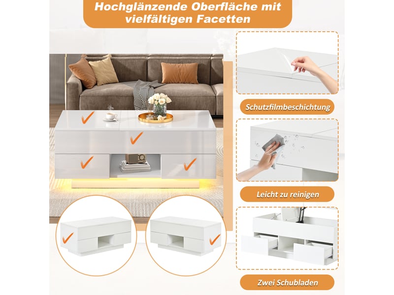  Table basse relevable blanche 100x45x43 cm, table de salon avec led, 2 tiroirs et rangement caché, plateau réglable  - Conforama E