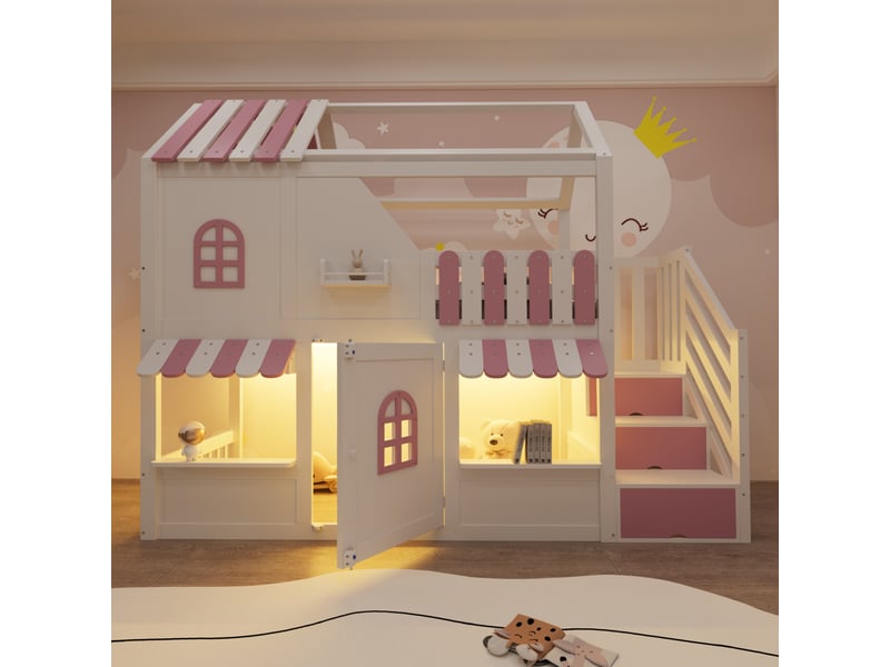  Lit superposé enfant 1 place 90×200 cm, led et rangements - okmyhome- blanc et rose, sans matelas  - Conforama C