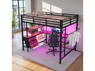 Lit mezzanine ulevr 140x200 cm avec bureau, led, prises usb, 3 tiroirs, étagères, échelle, garde-corps, métal et mdf, noir, sans matelas