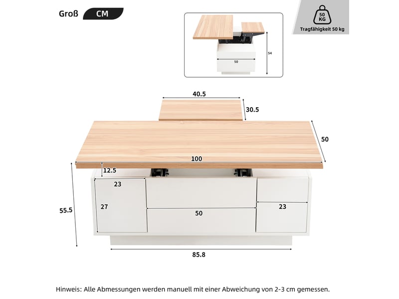  Table basse 100 x 50 cm à double plateau relevable, rangement caché, blanc et bois  - Conforama C