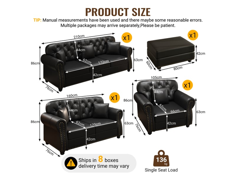  Salon chesterfield 6 places avec pouf en simili cuir noir, 210 cm Fay Lum - Conforama C