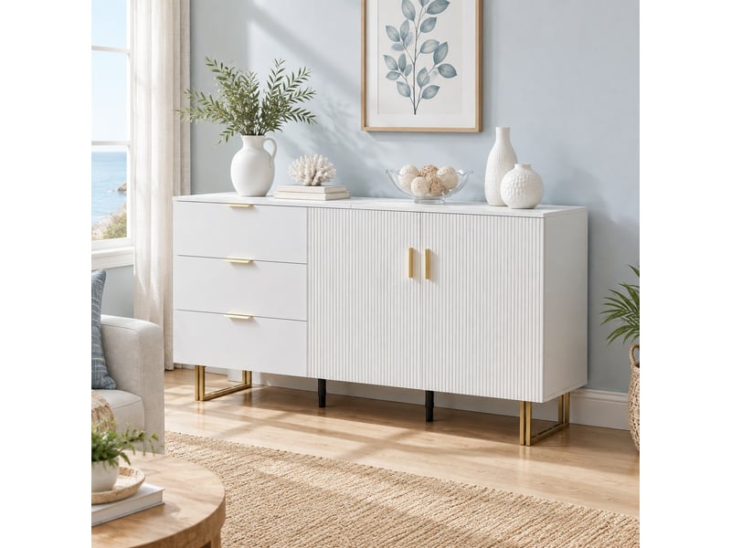 Buffet et enfilade avec 2 portes et 3 tiroirs, poignées en aluminium et pieds en acier, en mdf, 160 × 40 × 85 cm - uvrion - Conforama B