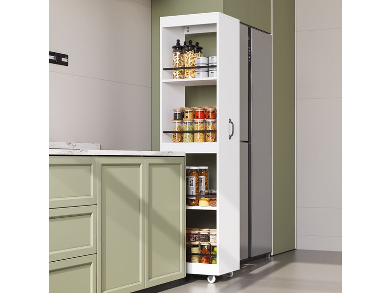  Bibliothèque étroite - 40x30x160.5cm - meuble de rangement sur roulettes avec barres anti-chute, 4 niveaux - blanc  - Conforama B